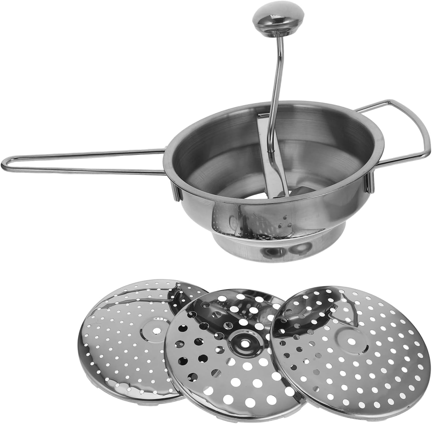 Cabilock 1 Set Manual Stainless Steel Potato Masher with Ergonomic Handle Versatile Rotary Food Mill for Mashing Potatoes Fruits and Vegetables Compact Design with Interchangeable Discs