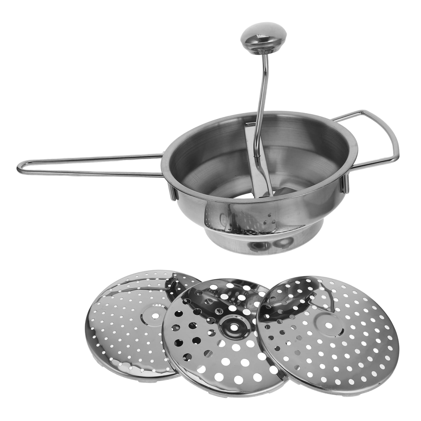 Cabilock 1 Set Manual Stainless Steel Potato Masher with Ergonomic Handle Versatile Rotary Food Mill for Mashing Potatoes Fruits and Vegetables Compact Design with Interchangeable Discs