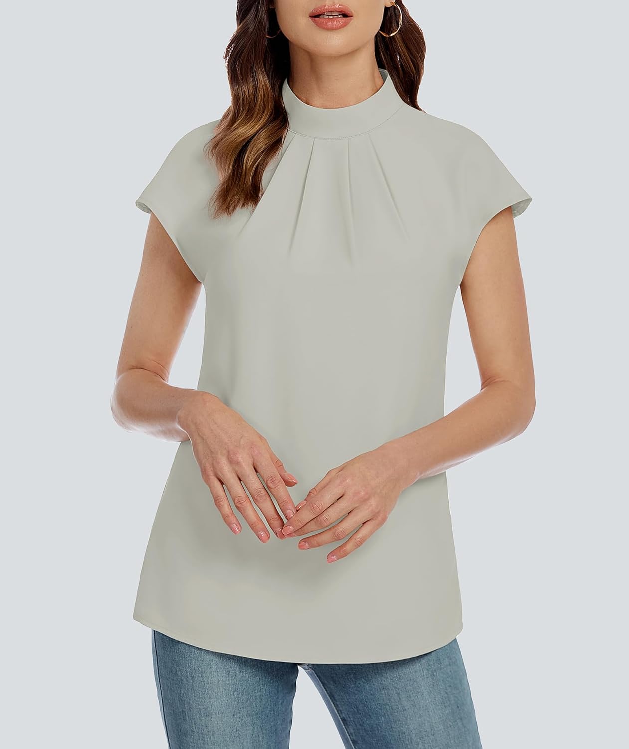 Funlingo Womens Summer Tops Mock Neck Short Cap Sleeve Blouses Business Casual Work Chiffon Shirts Front Pleated Tunic Top - Image 5