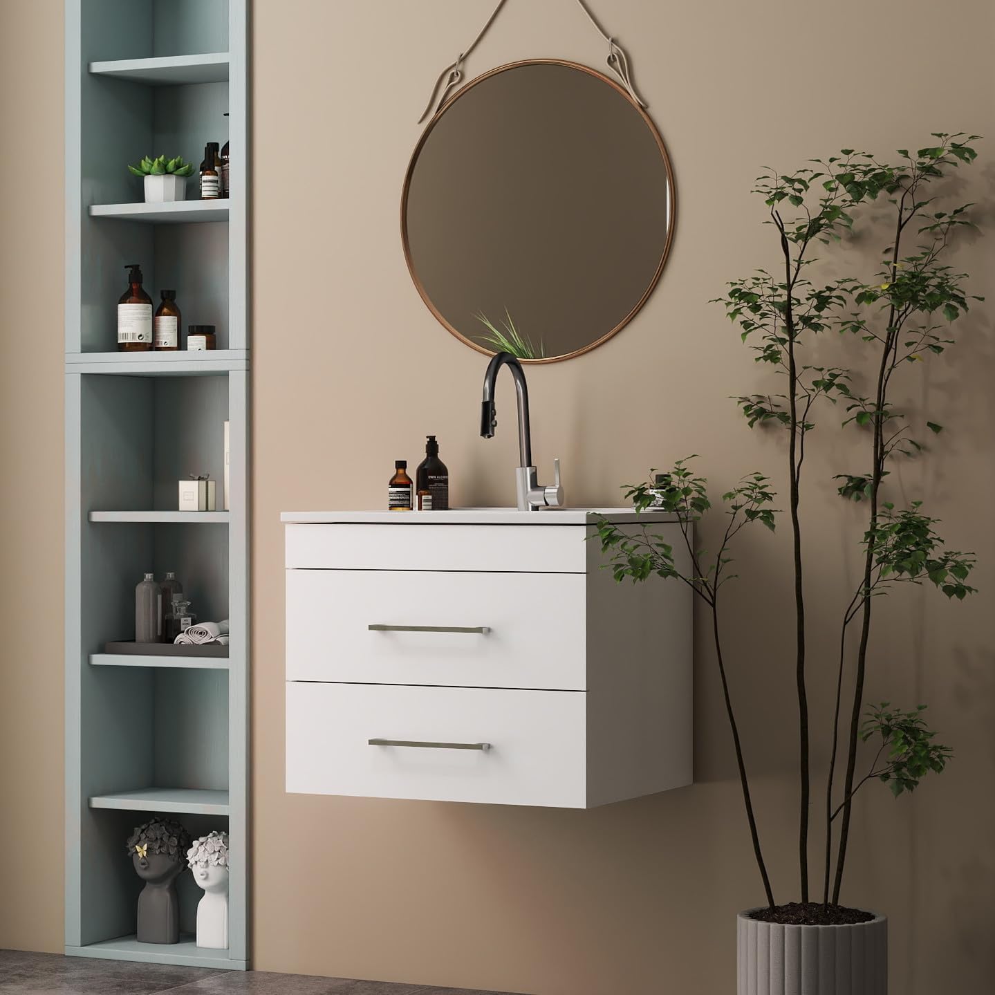 SSLine 24" Floating Bathroom Vanity with Sink Combo, Modern Wall Mounted Bathroom Sink Cabinet with Ceramic Basin and Soft-Closing Storage Drawers, White
