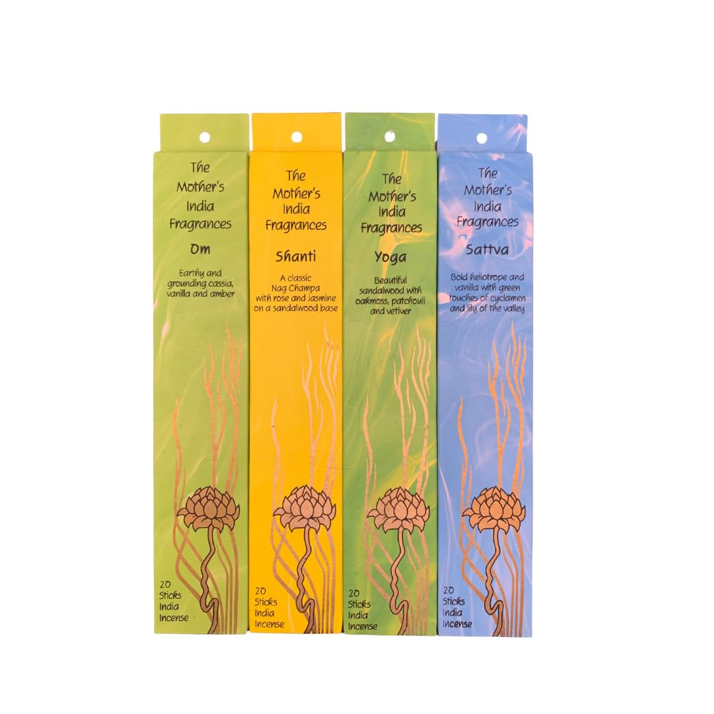 Mother India Meditation & Yoga Incense Sticks Set – 4 Pack (Yoga, Om, Shanti, Sattva) – Natural Hand-Rolled Sticks for Meditation, Focus & Inner Calm (80 Sticks)
