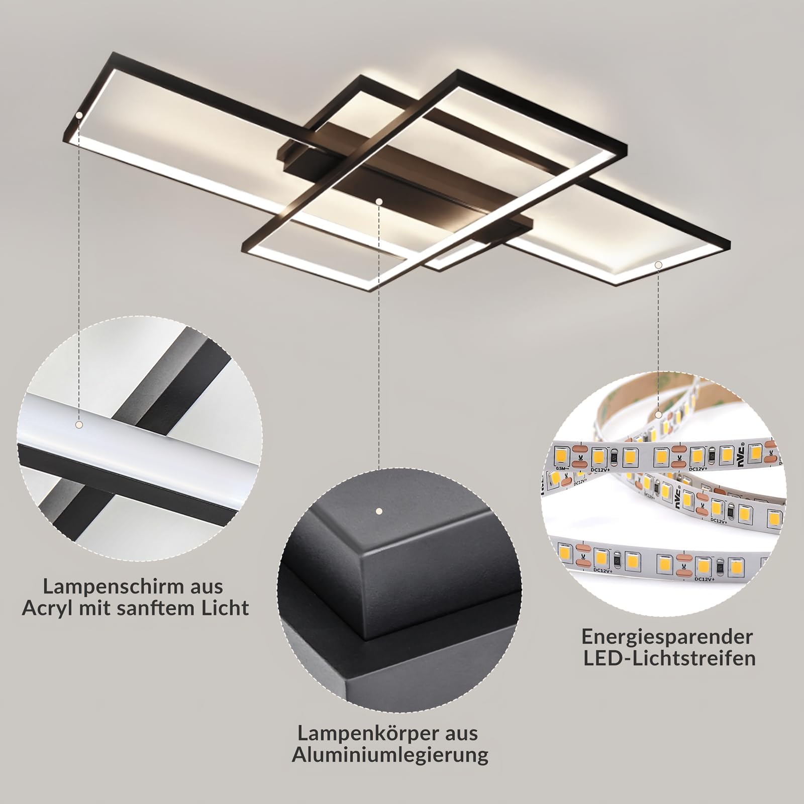 GBLY Deckenlampe LED Deckenleuchte Wohnzimmer 100cm Dimmbar Wohnzimmerlampe | 88W Schwarz Modern Rechteck Schlafzimmerlampe groß Geometrisch Schlafzimmer Büro Küche lampe Fernbedienung