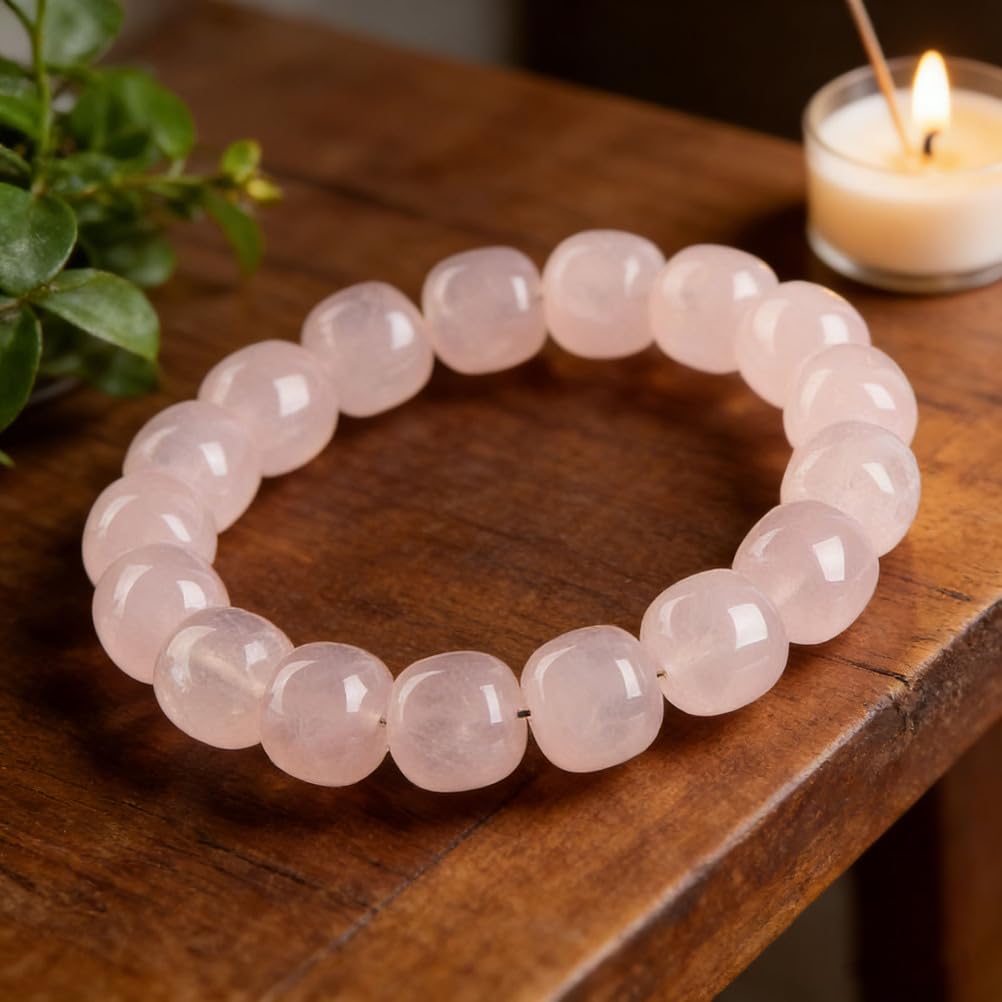 Bracciale con Perline quadrate di Quarzo Rosa, Braccialetti Naturali Fatti a Mano Bracciale Elasticizzato con Pietre preziose Rosa Naturali per l'energia positiva dell'amore