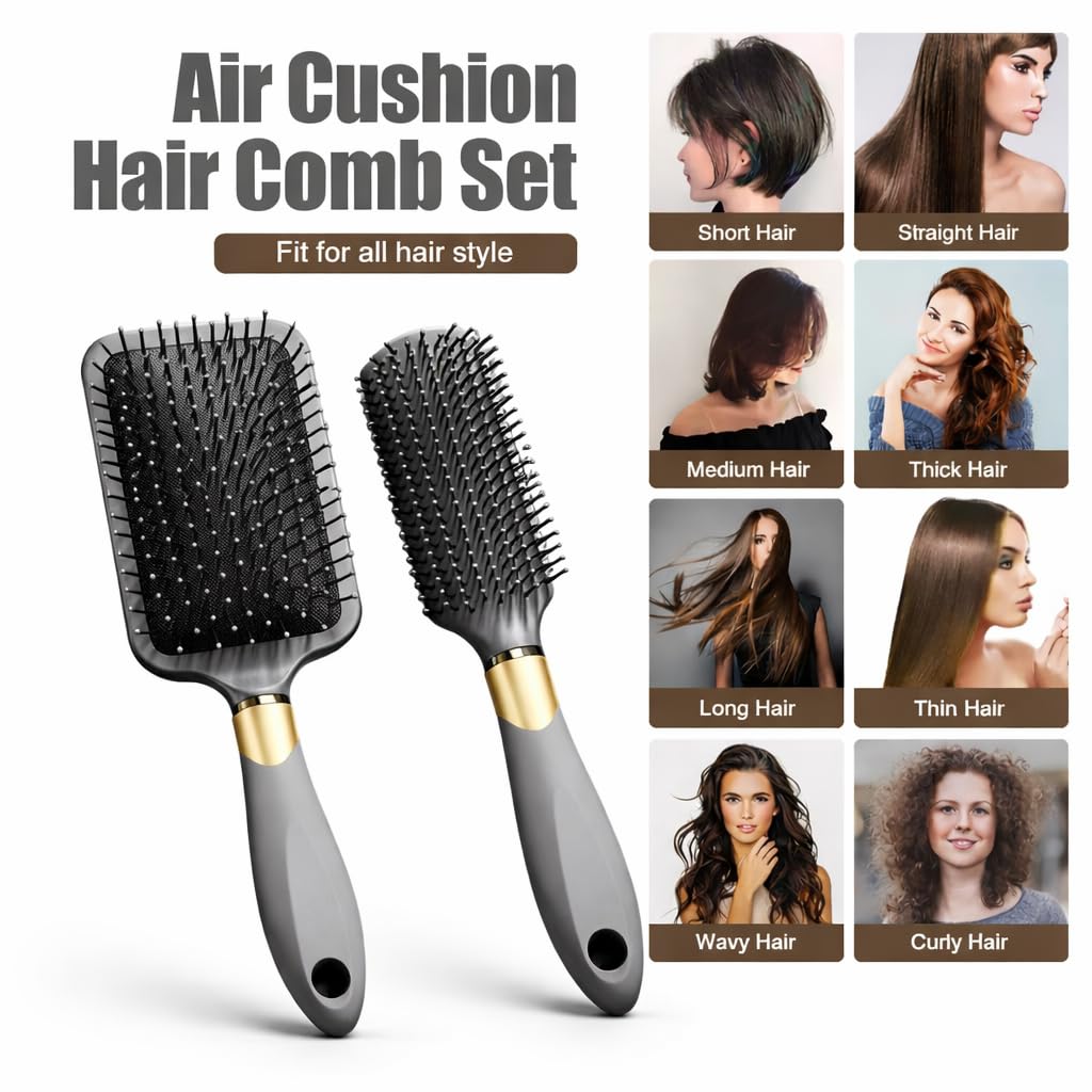 Netora Air Cushion Hair Brush Comb Set for Women & Men, Anti-Static Detangling Hair Brush, Paddle Brush for Wet & Dry Hair, Professional Styling Comb for Curly, Straight, Thick & Thin Hair (2 PCS) 2
