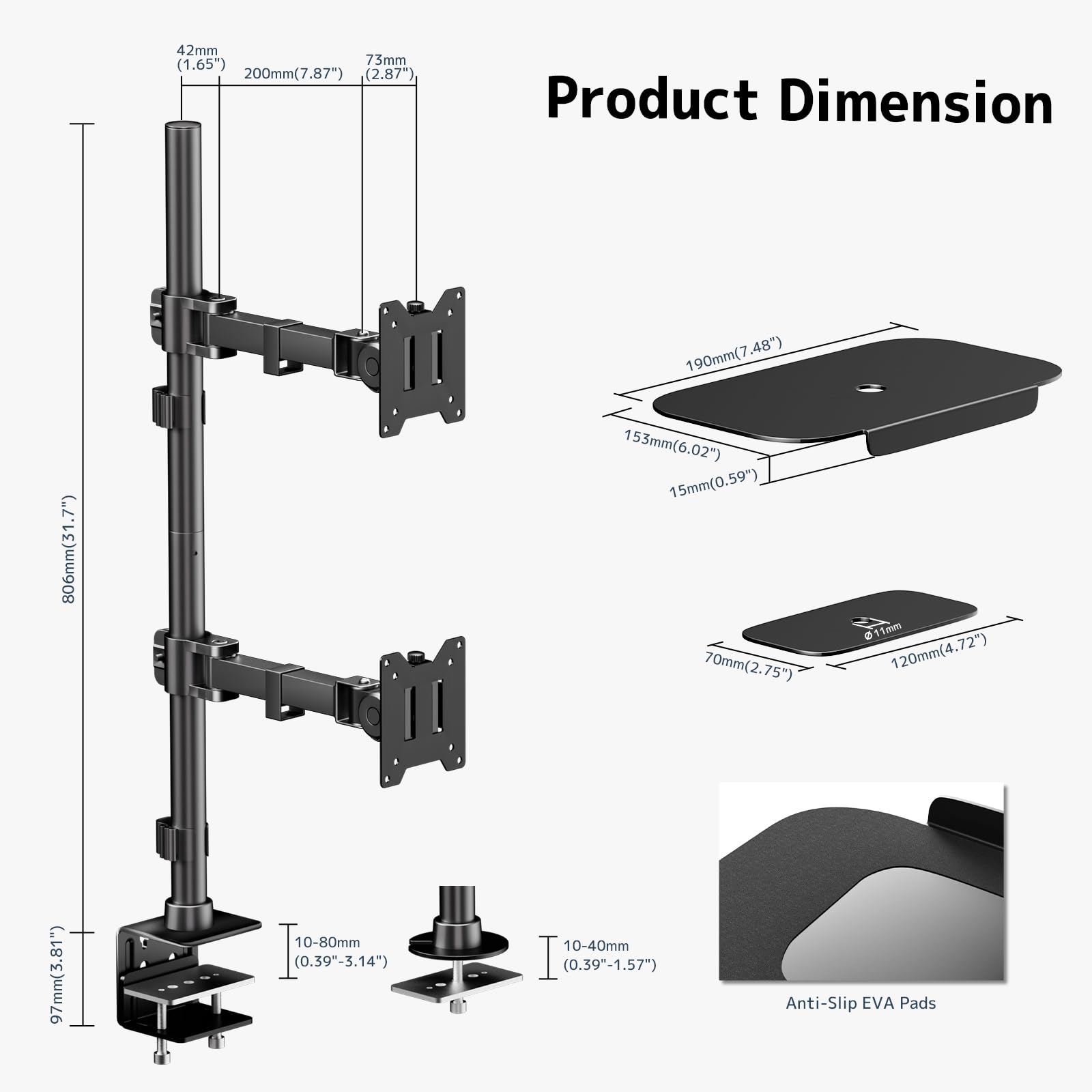 Supporto verticale doppio monitor per due schermi da 17-49", supporta fino a 20 kg, WORLDLIFT Stacked Dual Monitor Mount con asta lunga 31,7", VESA 75/100 mm