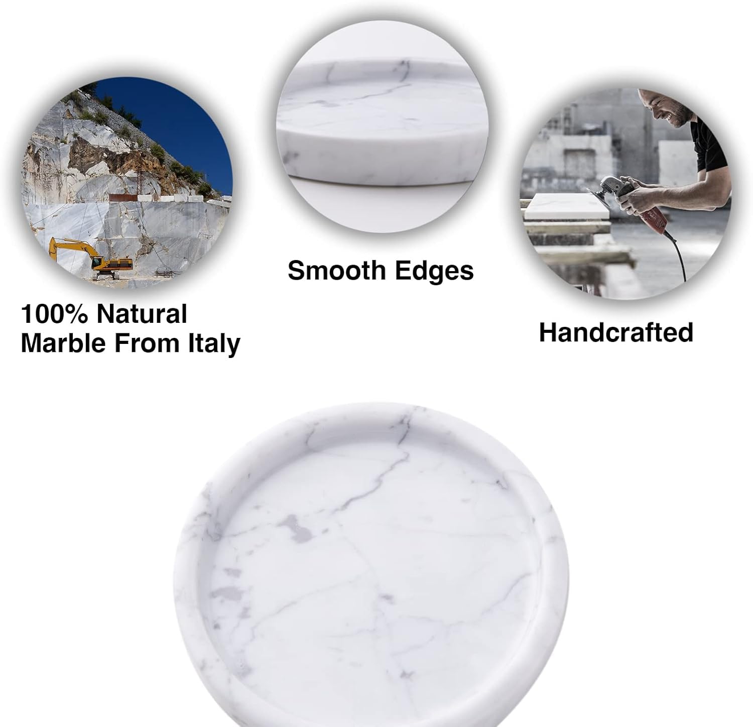 Luxurious White Marble Soap Pump Dispenser for Countertop,Italian 100% Marble Round Vanity Tray 5.5'',White