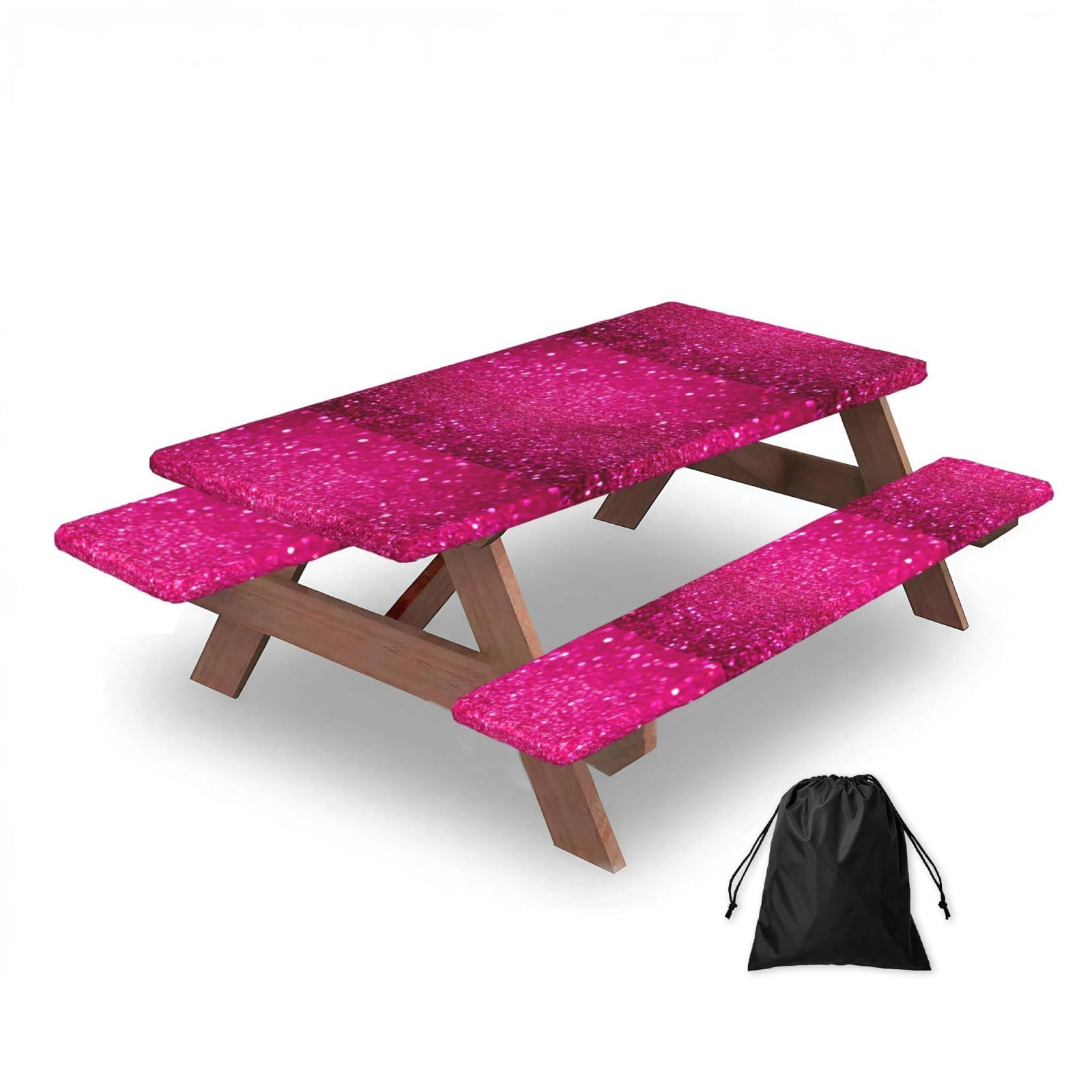 Pink Glitter, Picnic Table Cover With Bench Covers -Waterproof Elastic Fitted Tablecloth for Garden Camping Patio 76x152cm