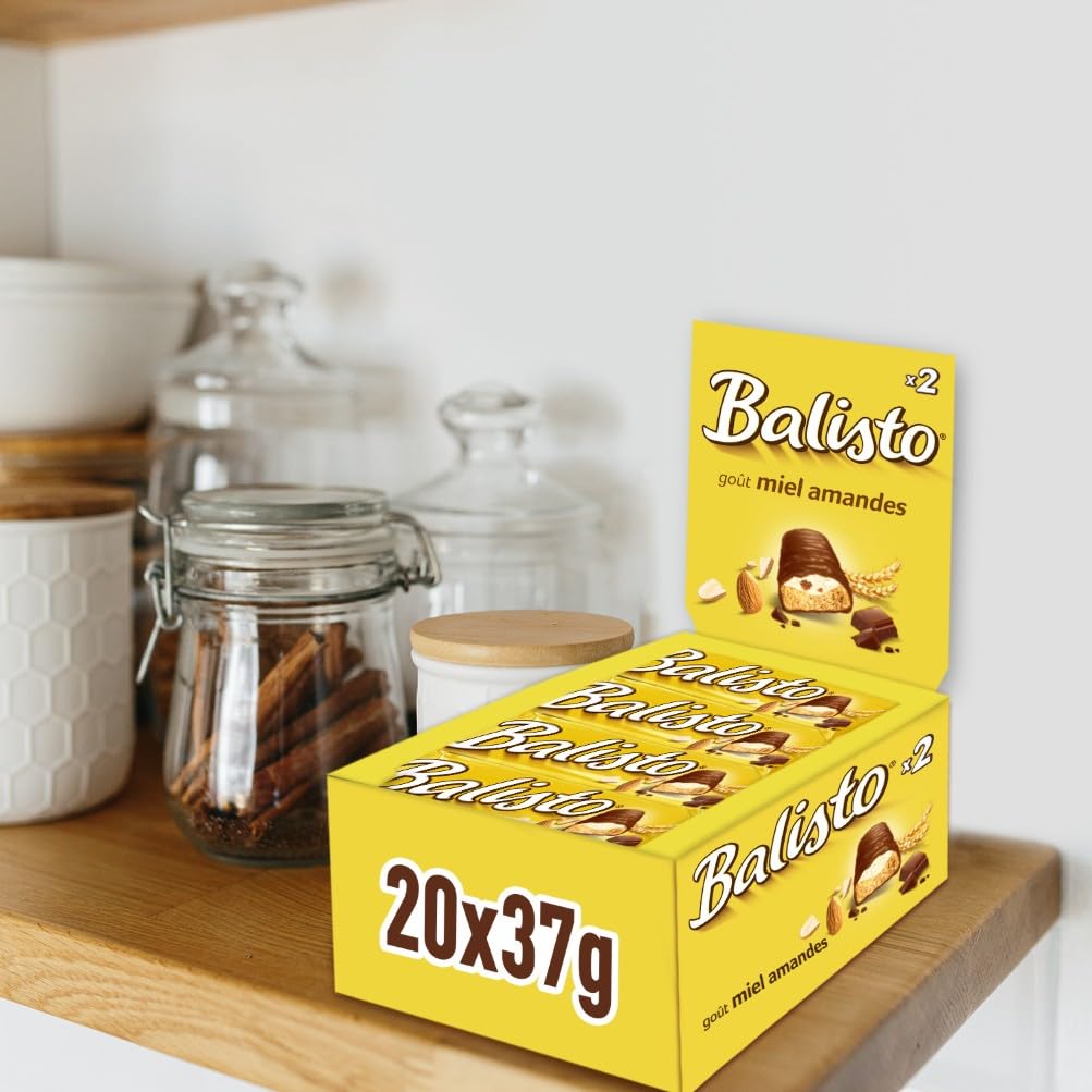 BALISTO - Barre Biscuit Céréales et Chocolat au Lait - 20 x 37g - Goût Miel & Amande - Boite de Barres Chocolatées - Grand Format - 740g