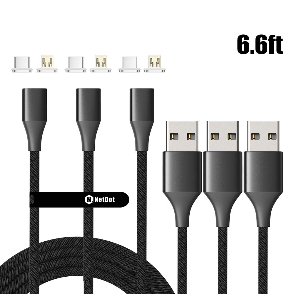 NetDotMagnetic Charging Cable, Gen10 Nylon Braided 2-in-1Magnetic Phone Charger Compatible with USB-C and Micro USB Devices and Phones(6.6ft/3 Pack Black)