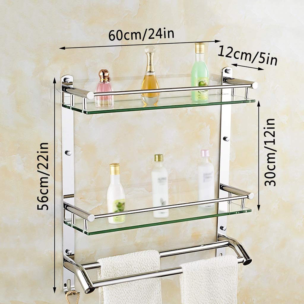 Estante de cristal para baño montado en la pared con toallero doble y gancho, estante de almacenamiento de doble capa de 60 cm, para cocina y ducha, elegante y funcional