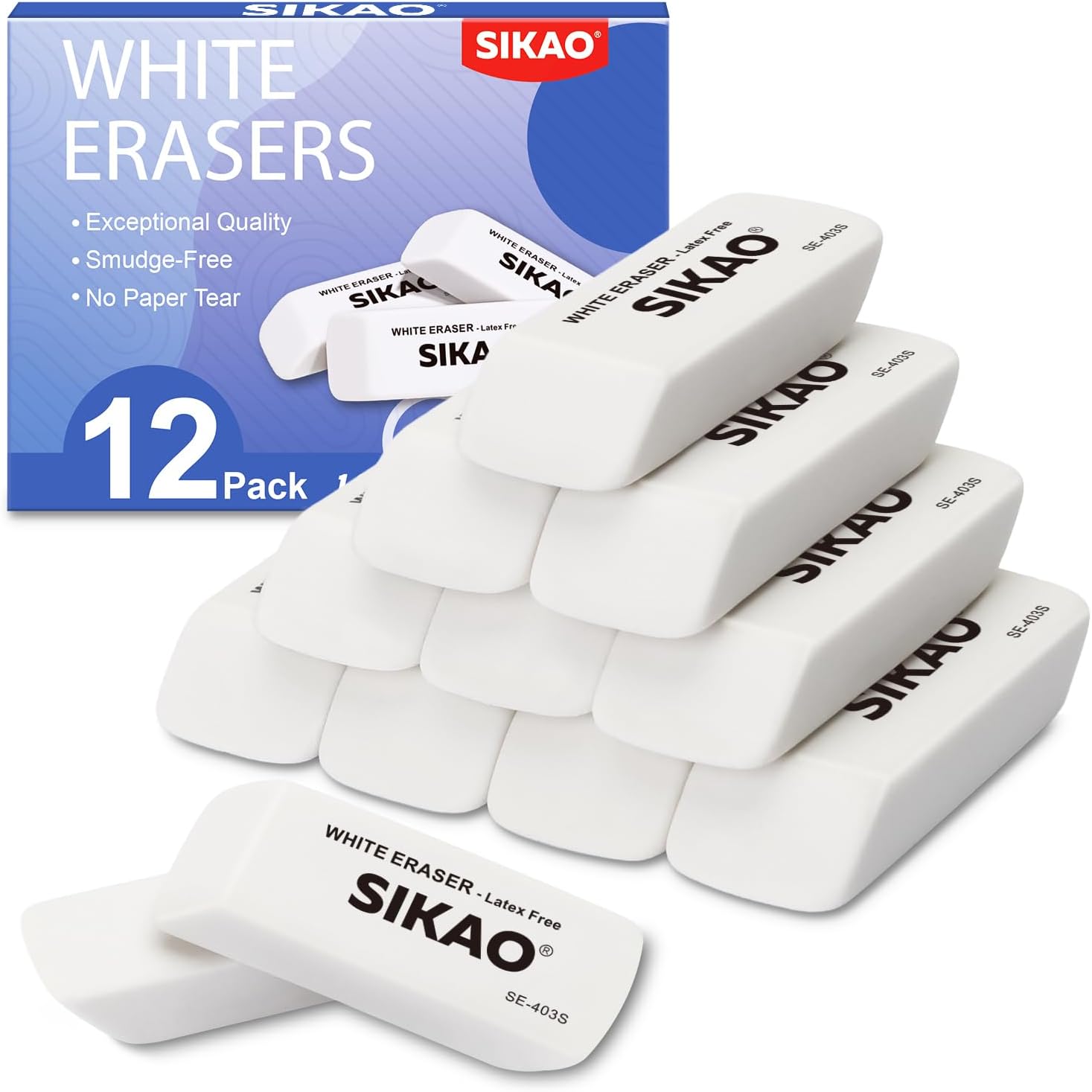 White Erasers, 12 Pack Pencil Erasers