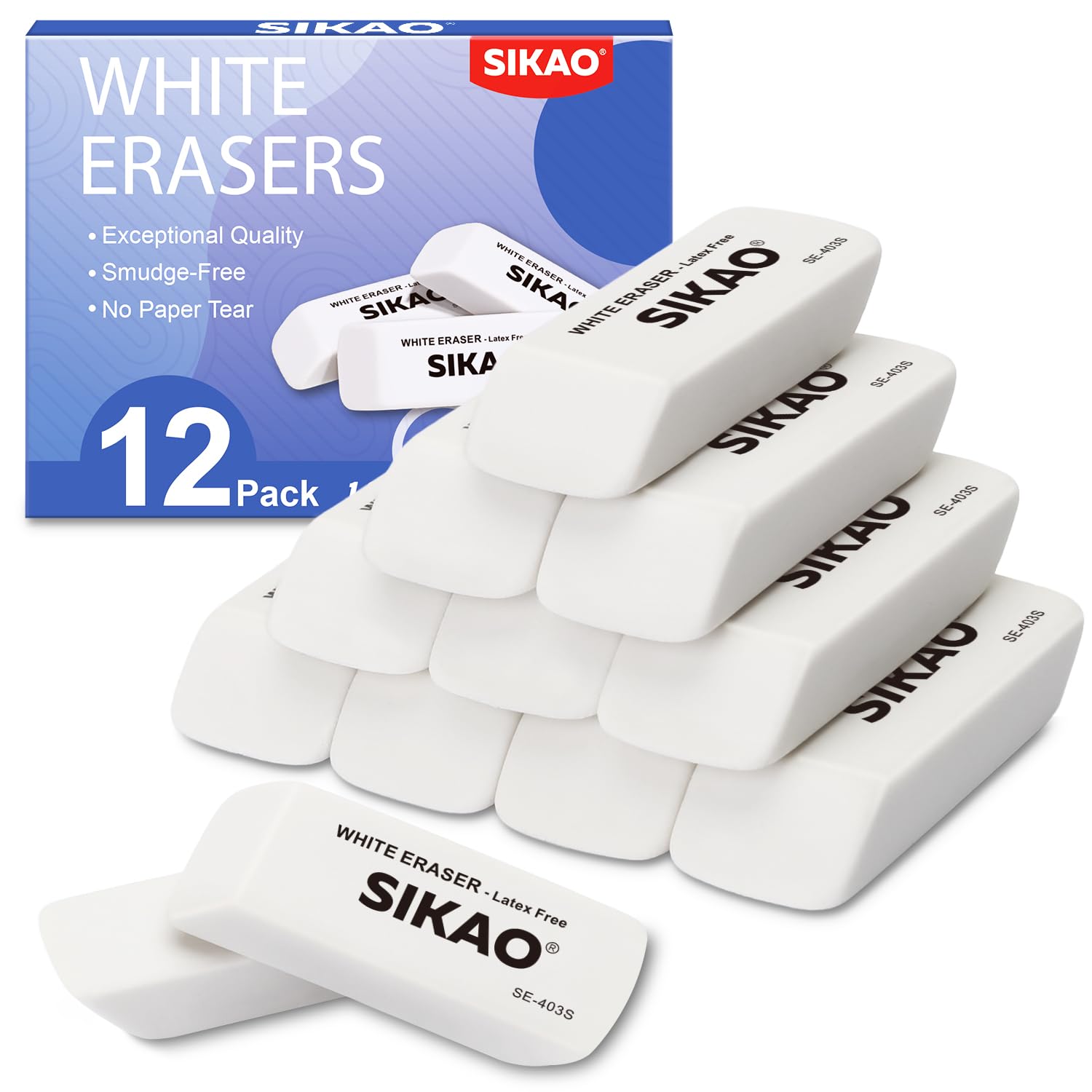 SIKAO White Erasers, 12 Pack Pencil Erasers for Kids – Latex-Free & Smudge-Free Beveled Rubber Erasers for School Supplies, Classroom, Tests & Homework