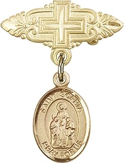 Gold Filled Baby Badge with St. Sophia Charm and Badge Pin with Cross 1 X 3/4 inches