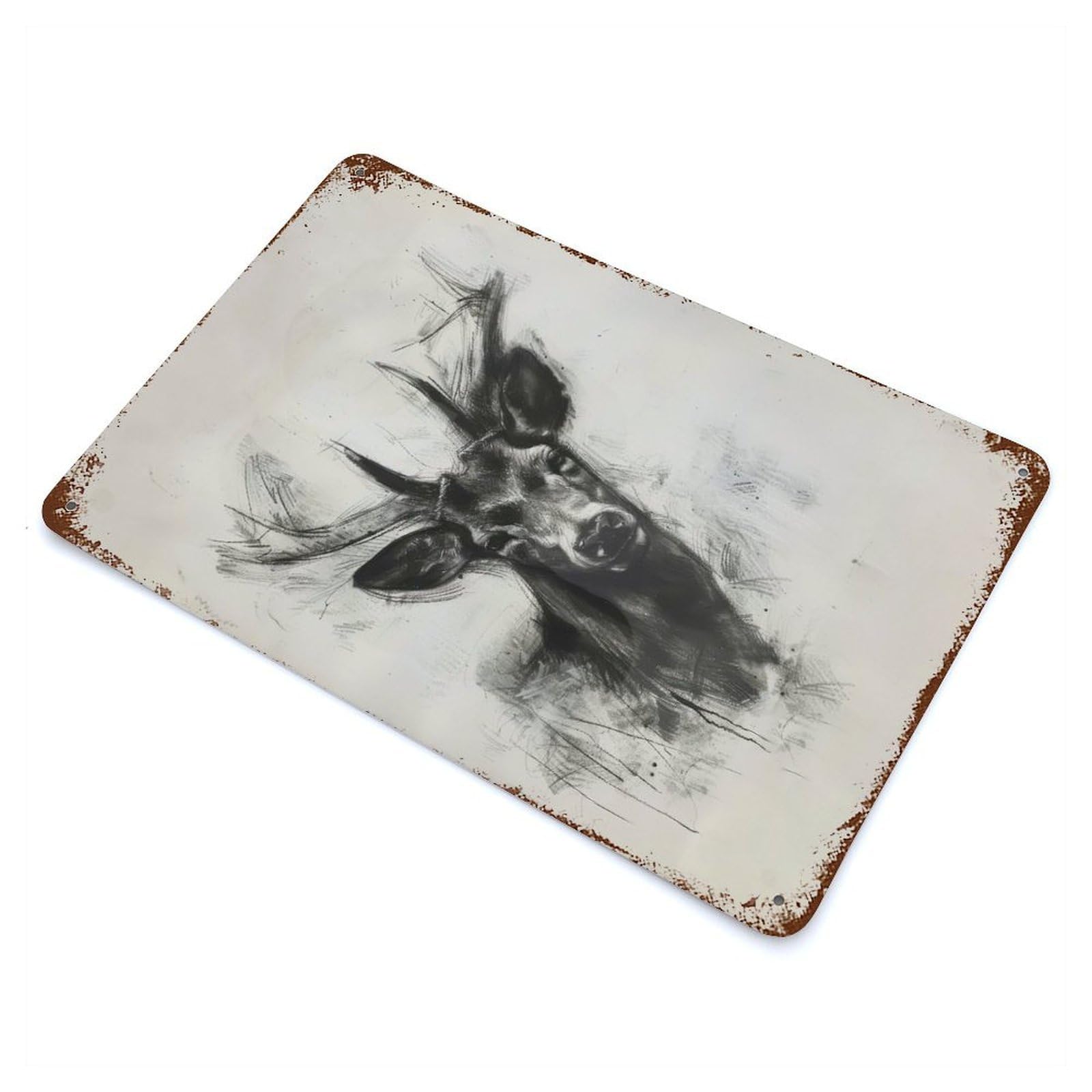 Deer In Charcoal Sketch 11.8"x7.9" Rustic Tin Plaque, Farmhouse Wall Decor for Basement, Hobby Room And Garage Decor