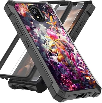 for Nokia C100 Case for Nokia C100 N152DL Phone Case with Screen Protector Tempered Glass, Slim TPU Rugged Corners Bumper Cover for Nokia C100 2022 5.45"-Purple Flower Plants