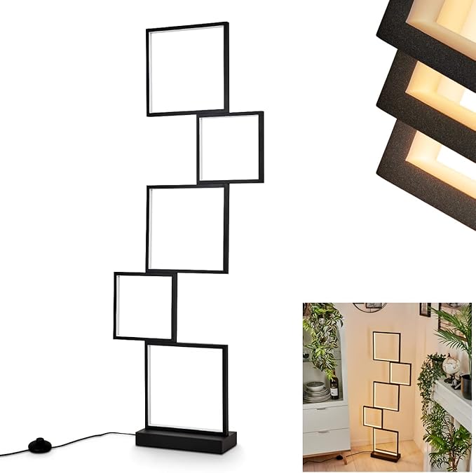 hofstein LED-vloerlamp Bacolod, dimbare metalen vloerlamp in zwart, 34 Watt, 3400 Lumen, lichtkleur 3000 Kelvin (warm wit), vloerlamp met lichteffect, dimbaar via voetschakelaar