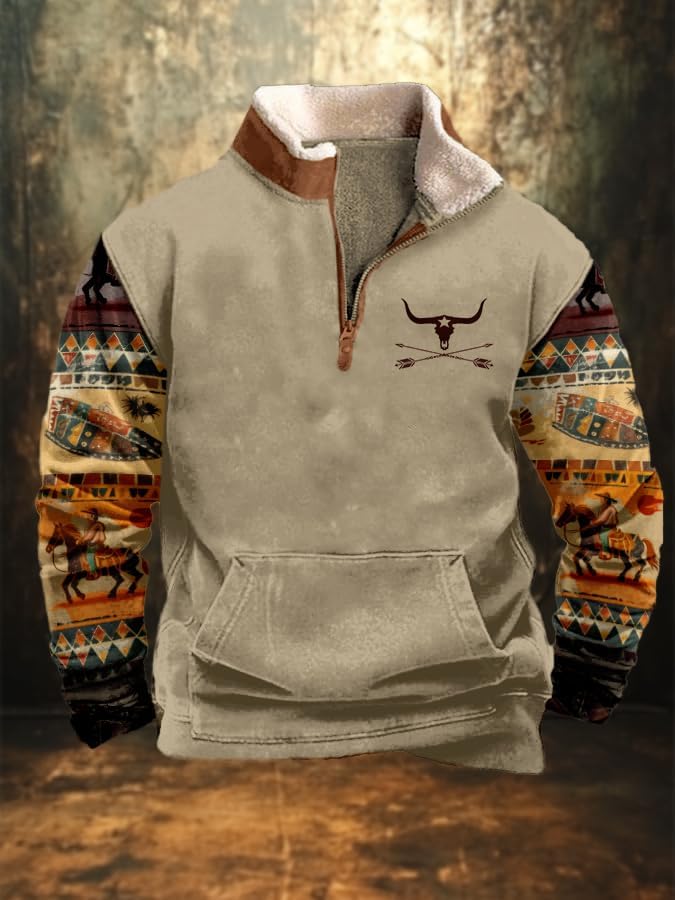 Western Fleece Jacket Men Aztec Cowboy Pullover Vintage Cow Skull Print Sweatshirts 1/4 Zipper Western Sweater Jacket - Image 2