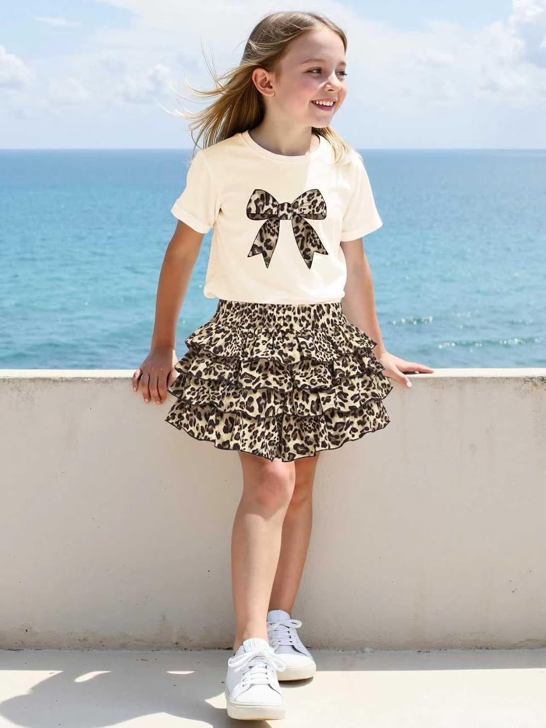 Summer Outfits for Girl 2 Piece, Bow Graphic Tees and Leopard Short Skirt Fashion Casual Clothing