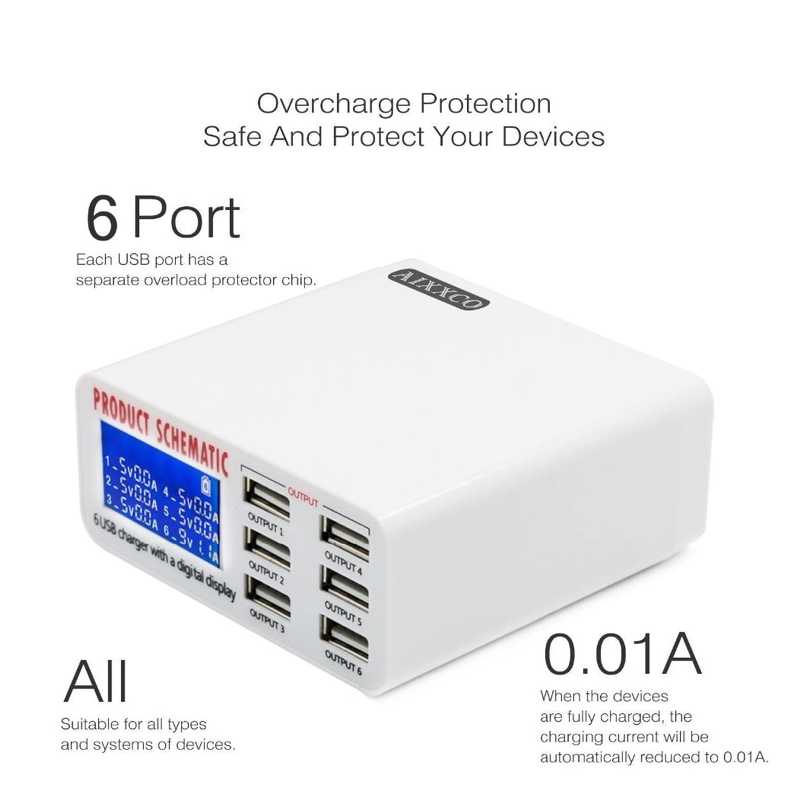 Stacja ładowania, Ładowarka USB, 6A z cyfrowym wyświetlaczem LCD 6-portowa szybka inteligentna stacja ładująca do tabletów telefonicznych smartfonów, użytku w biurze domowym(899)
