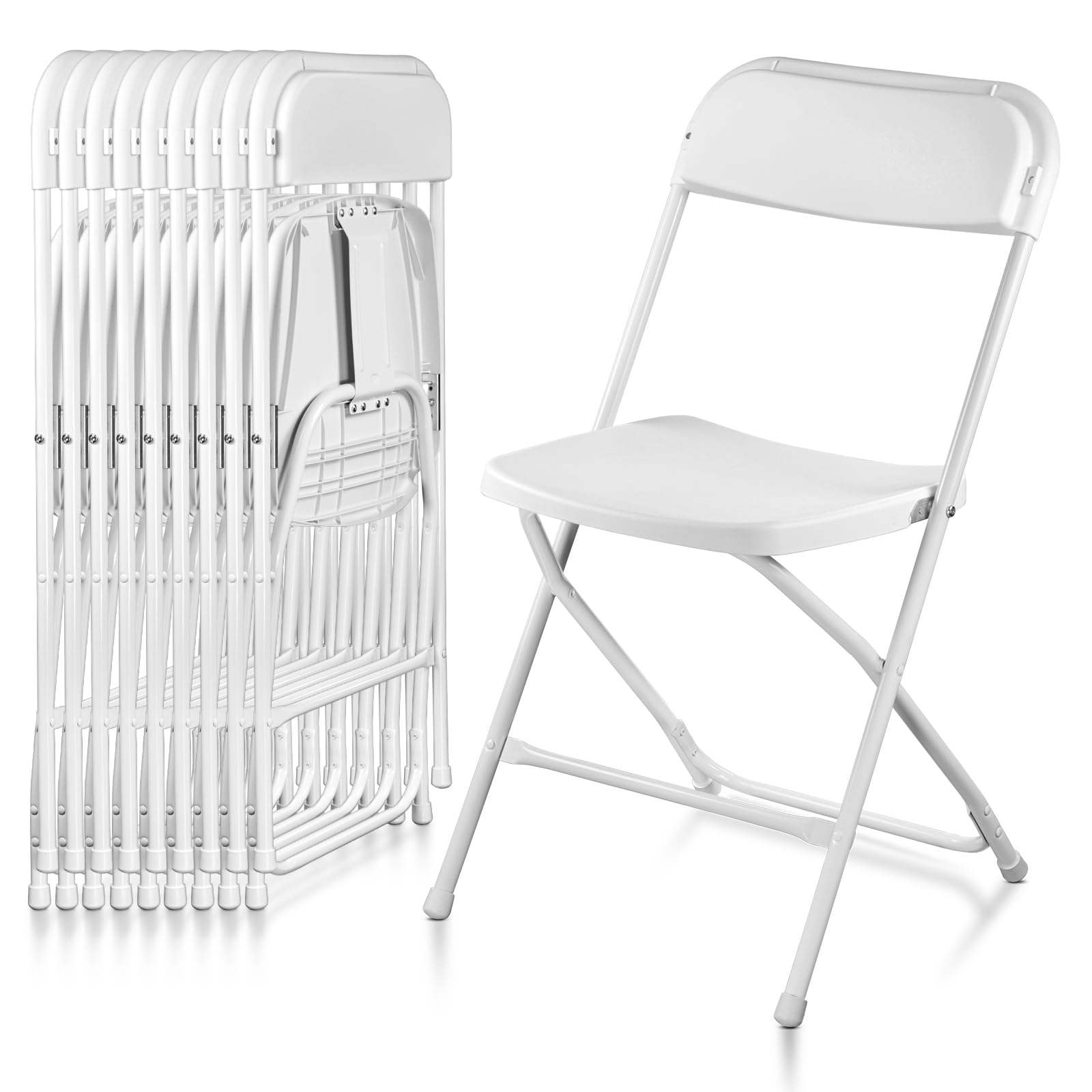SAVWAY 10 Pack White Plastic Folding Chairs, Indoor Outdoor Portable Stackable Commercial Seat with Steel Frame 350lb (White, 10)
