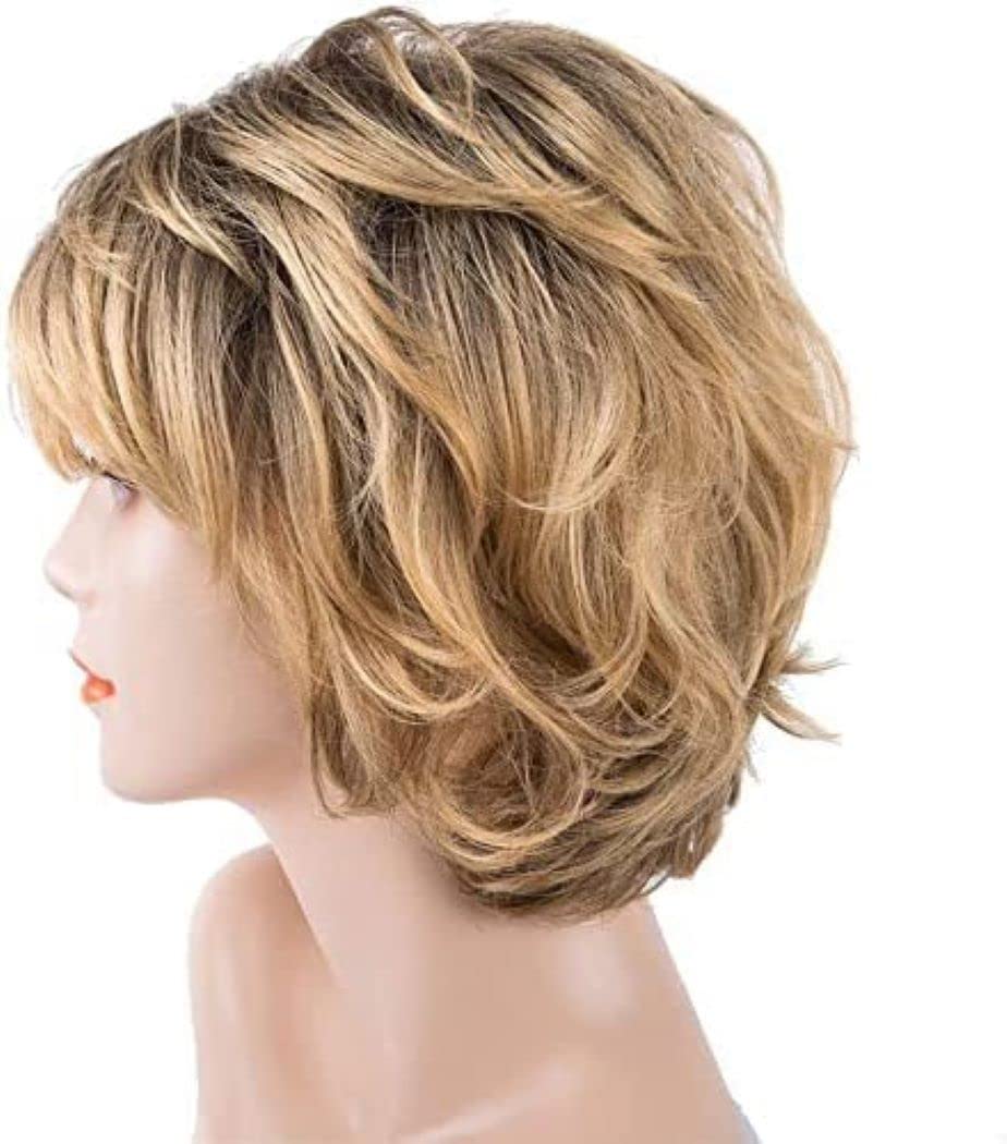 Encantadora peluca sintética para mujer, pelo corto, pelo dorado, resistente al calor, peluca de repuesto, resistente al calor, disfraz, cosplay, fiesta, pelucas (Oro degradado)