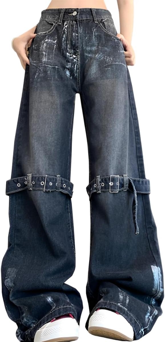 Fashion High Waist Straight Baggy Jeans for Women Vintage Gothic Leg Drawstring Y2K Scrawl Denim Pants