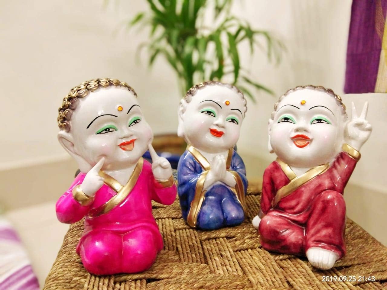 Set of 3 Traditional Figurine Laughing Baby Monk Buddha Statue Sculpture Idol Marble Finish Handcrafted Decoration Showpieces Home Decor Office Decor Vaastu Murti Gift Corporate Buddhism Living Room Antique Drawing Room Best Friendship Birthday Gift -21Cm