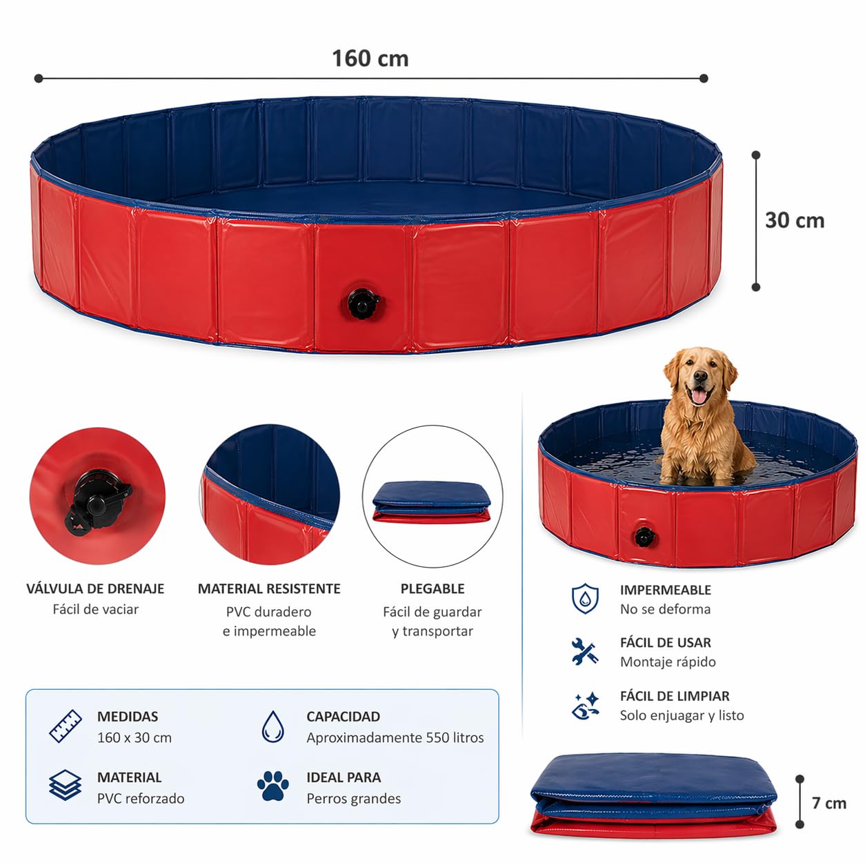 Piscina para Perros 160x30cm - Piscinas Desmontables - Piscina Desmontable - Piscina Perros - Piscinas para Perros - Bañera Perro - Mascotas - Baño para Perros - Refrescar Mascotas - Piscina Rigida