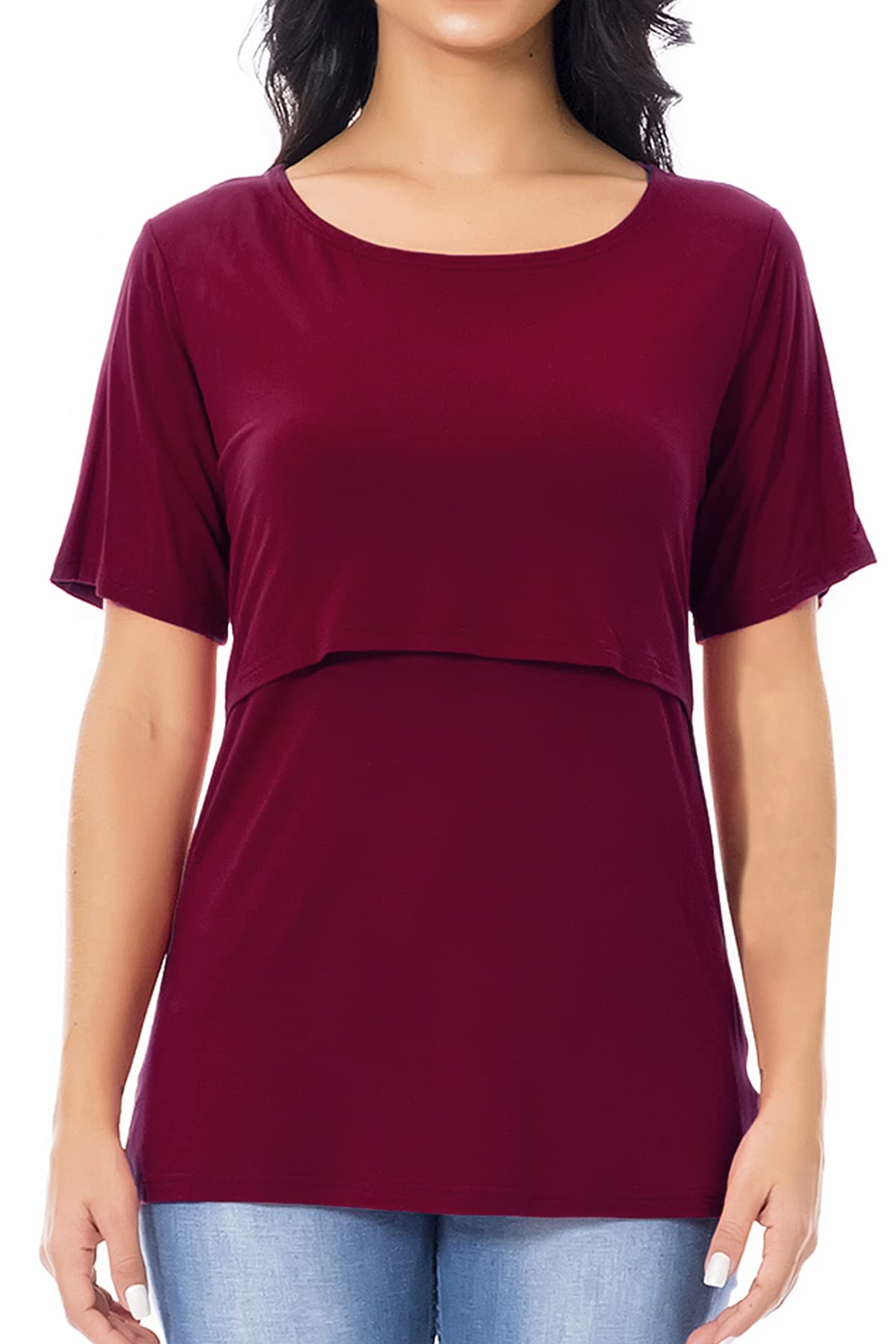 Smallshow Stillshirt Umstandstop T-Shirt Umstandsmode Umstandsshirt Schwangerschaft Kleidung Mutterschafts Kurzarm Shirt L Wine