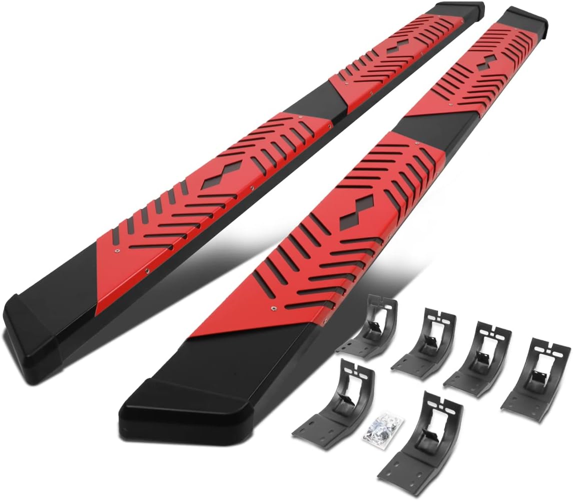 Auto Dynasty 5.5 Inches Running Boards Compatible with 2009-2024 Dodge Ram 1500 Extended/Quad Cab, Stainless Steel Flat Red Cutout Step Plate Nerf Bar, Black Painted Finish