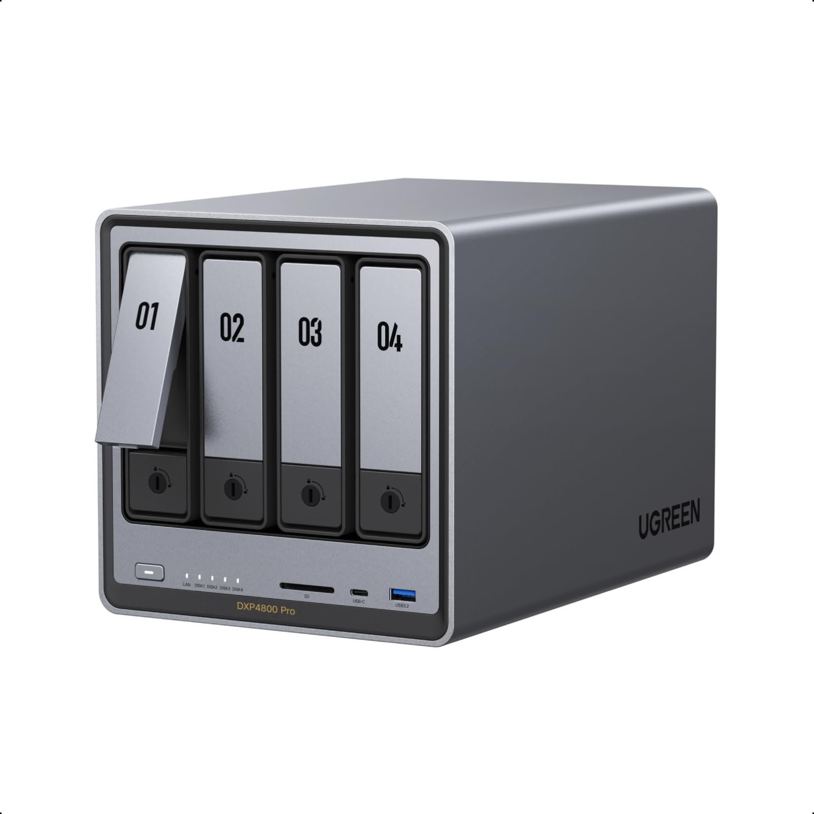 UGREEN NASync DXP4800 Pro, 4-Bay Desktop-NAS, Intel i3-1315U 6-Kern-Prozessor, 8GB DDR5 (bis zu 96GB), Eingebaute 128GB-SSD, 10GbE & 2.5GbE LAN, 2 × M.2 NVMe-Steckplätze, HDMI 4K (Ohne Festplatten)