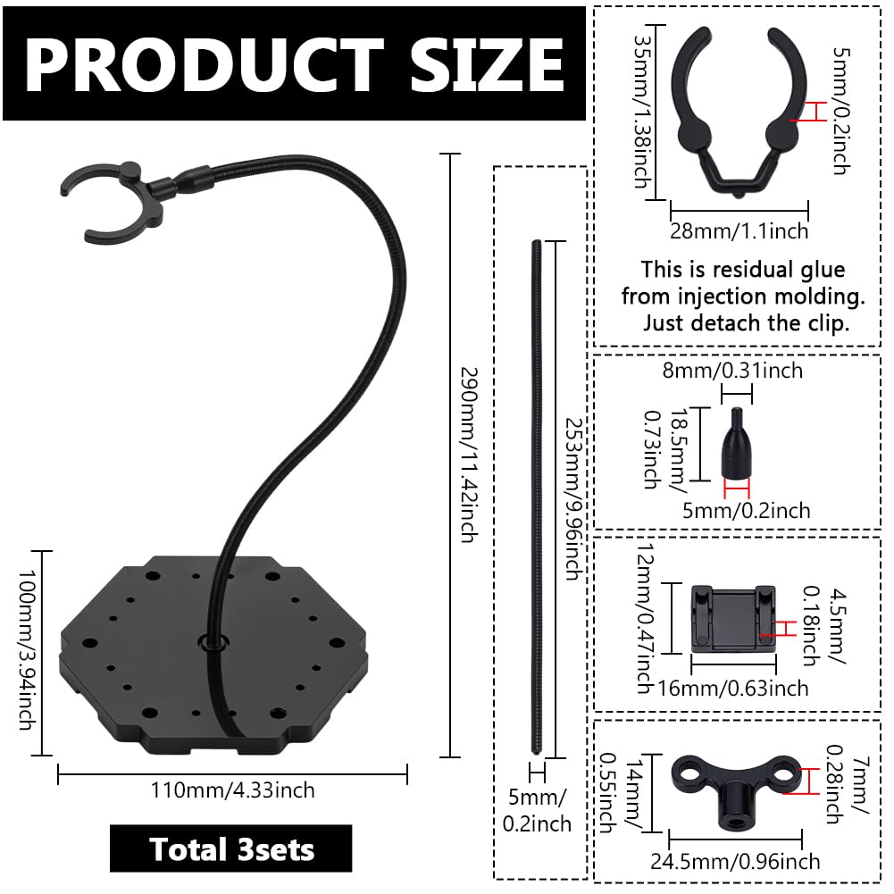 FINGERINSPIRE 3Pcs Adjustable Snake Bones Action Figure Stand Black Assembly Action Figures Display Holder with Hexagon Base Plastic Model Support Stands Miniature Model Bases for HG RG SHF Figures - Image 2
