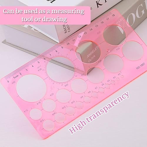 Vista 6 de LOKUNN Plantilla circular para dibujar, herramienta de relleno de regla rosa, herramienta de regla de agujero redondo, reglas geométricas redondas