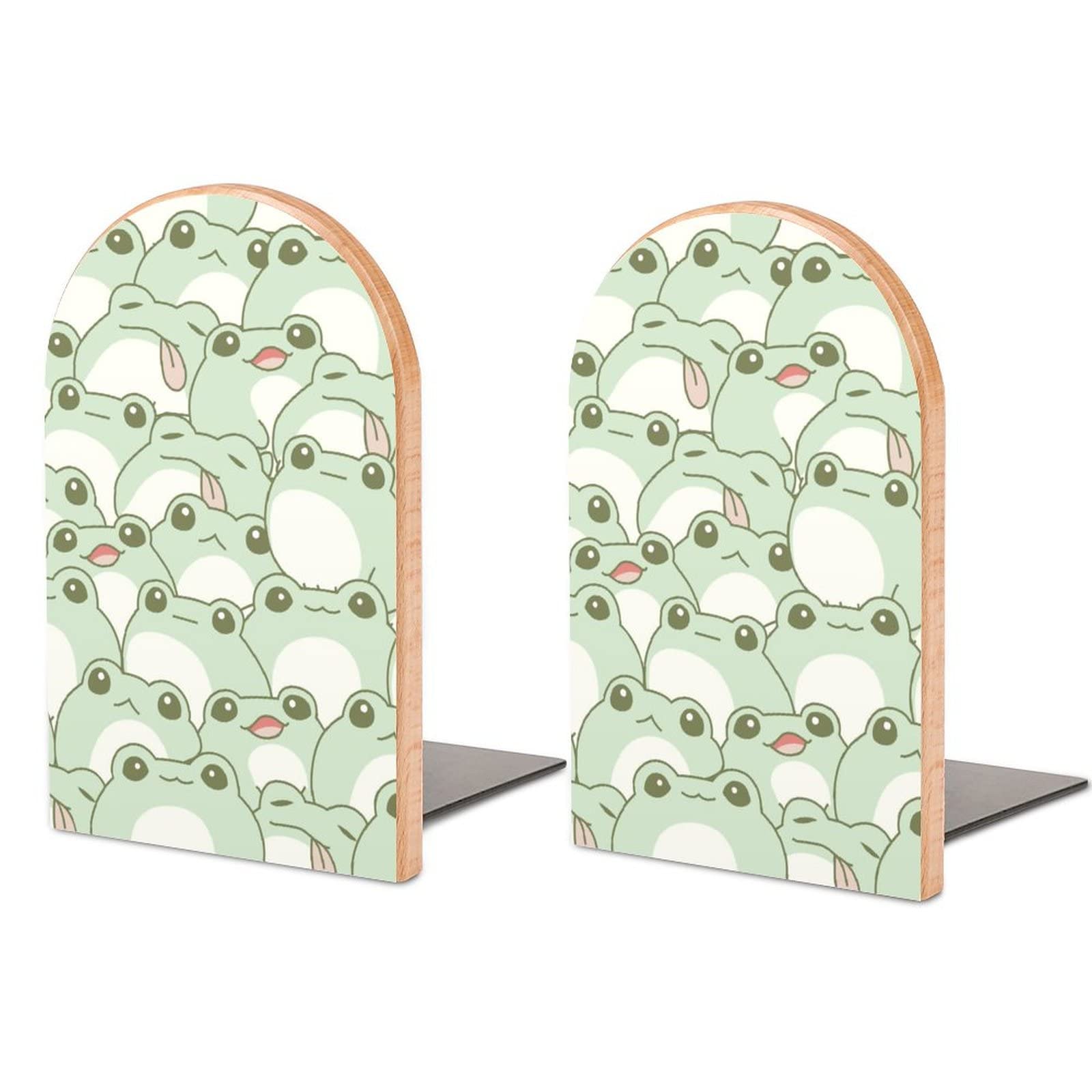 Niapessel Book Ends Bookends for Shelves to Hold Books Cute Frog Print Small Non-Slip Book Stoppers Wood Decorative Home Office Desk