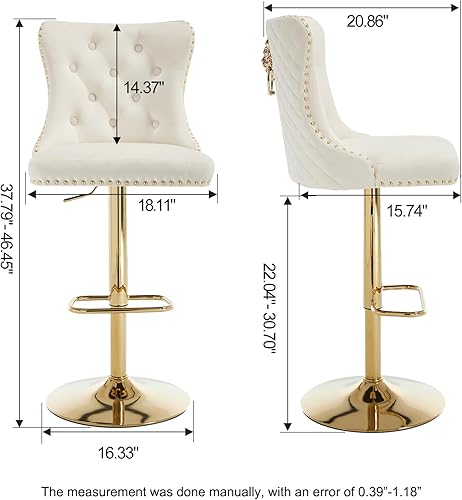 Miniatura 2 de Juego de 2 taburetes de bar giratorios dorados, taburetes de bar ajustables de terciopelo con respaldo copetudo, ribete de cabezas de clavos y