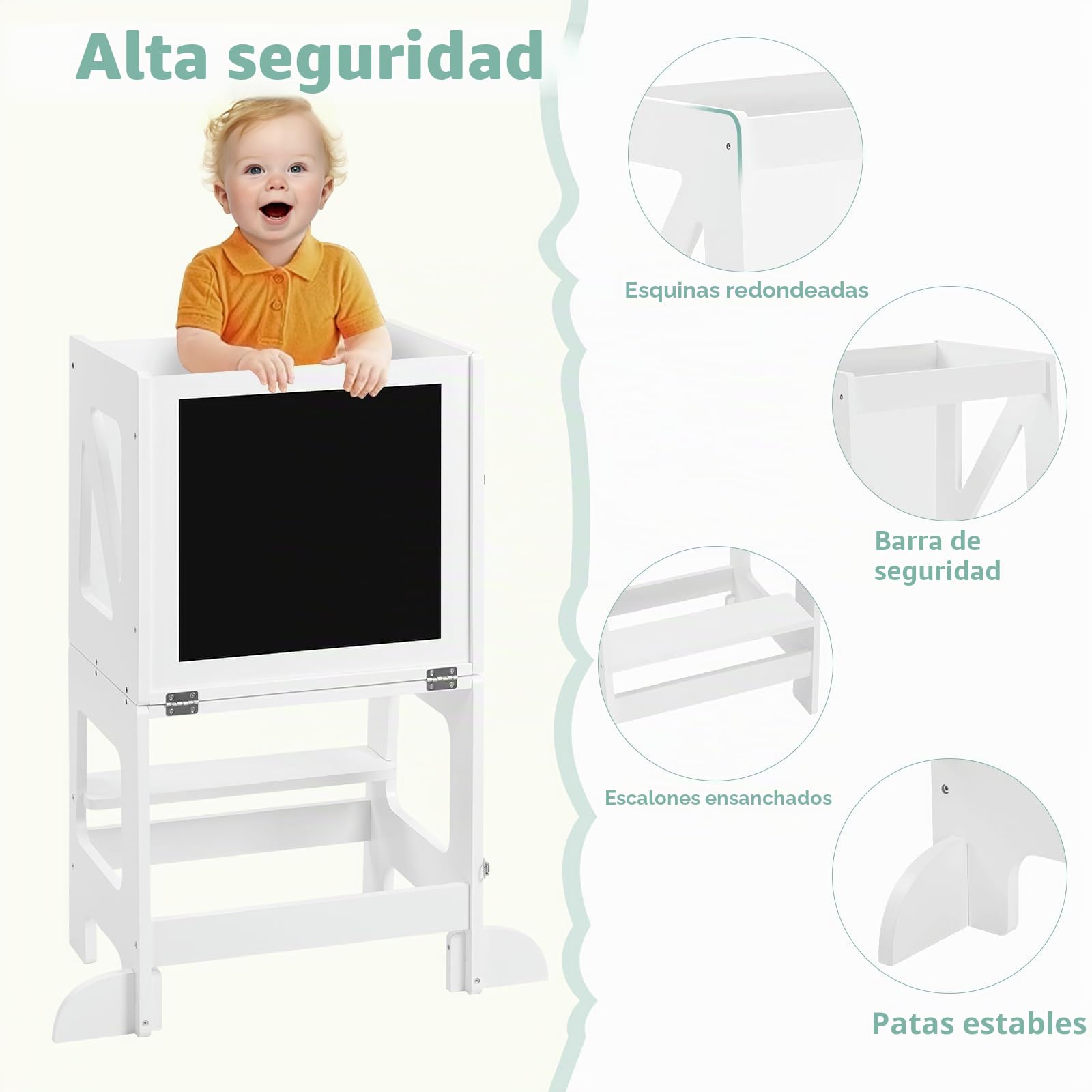 WOLTU Torre de Aprendizaje con Pizarra, Torre Montessori Plegable para Niños a Partir de 1 Año, Taburete Niños con Bordes Redondeados, Pies Antivuelco, Mueble Infantil Blanco