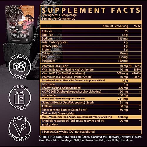 Super Cocoa Coffee Alternative Hot Chocolate Mix - Nootropics Brain Support Supplement for Memory & Focus - Mushroom Coffee Substitute - Dairy Free, Sugar Free, Keto, Vegan Superfood Powder Mix