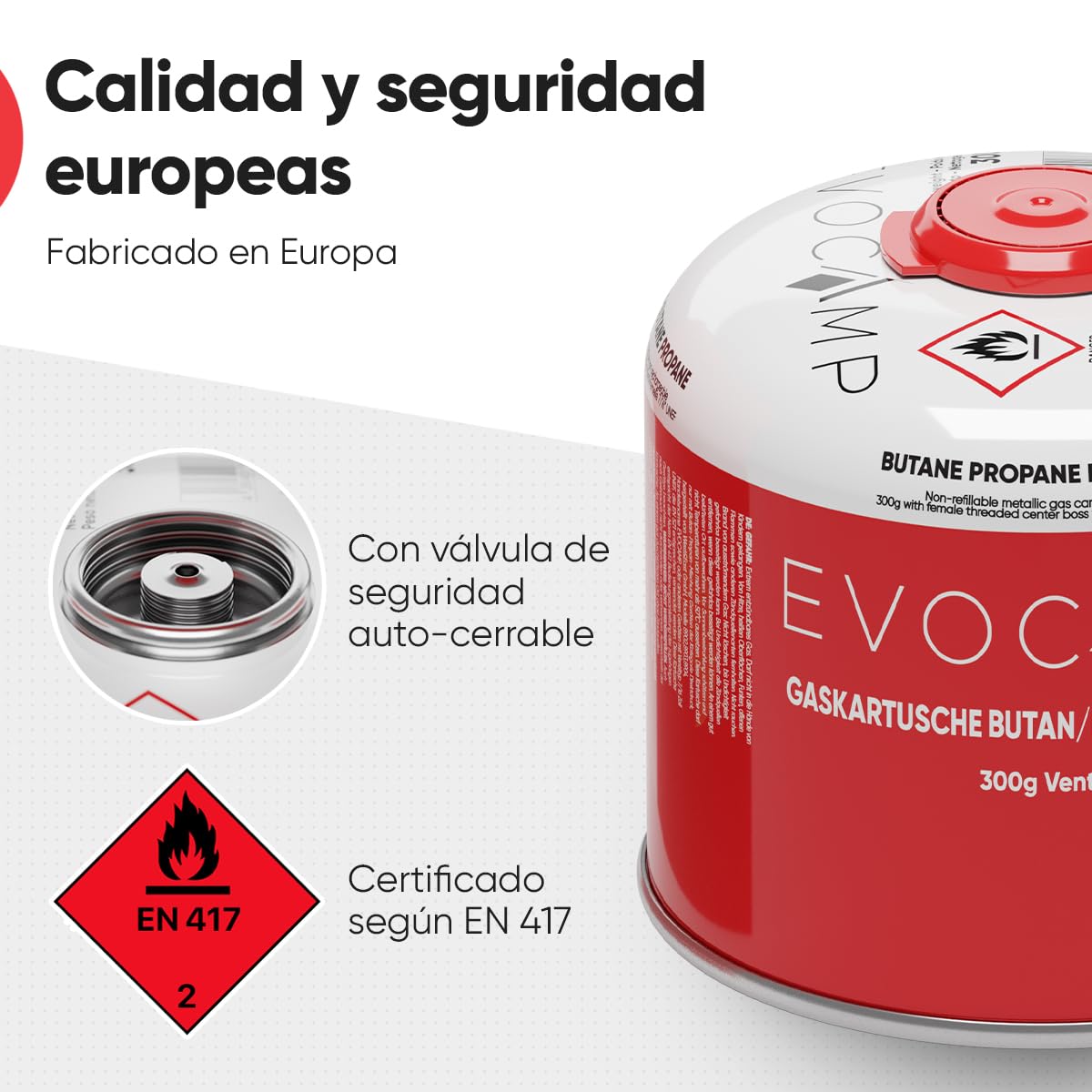 EVOCAMP cartuchos de gas Propano Butano 300g, válvula de rosca Eurogewinde 7/16", cartuchos de válvula 539ml con cierre de seguridad automático (6X)