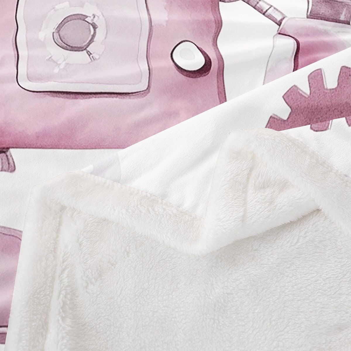 Cute Robot Kids Throw Blanket,Modern Cartoon Toys Princess Bed Blanket for Girls Women,Hand Drawn Sketch Intelligent Tools Fleece Blanket,Pink White Fuzzy Blanket,40 x 50 Inches image 4