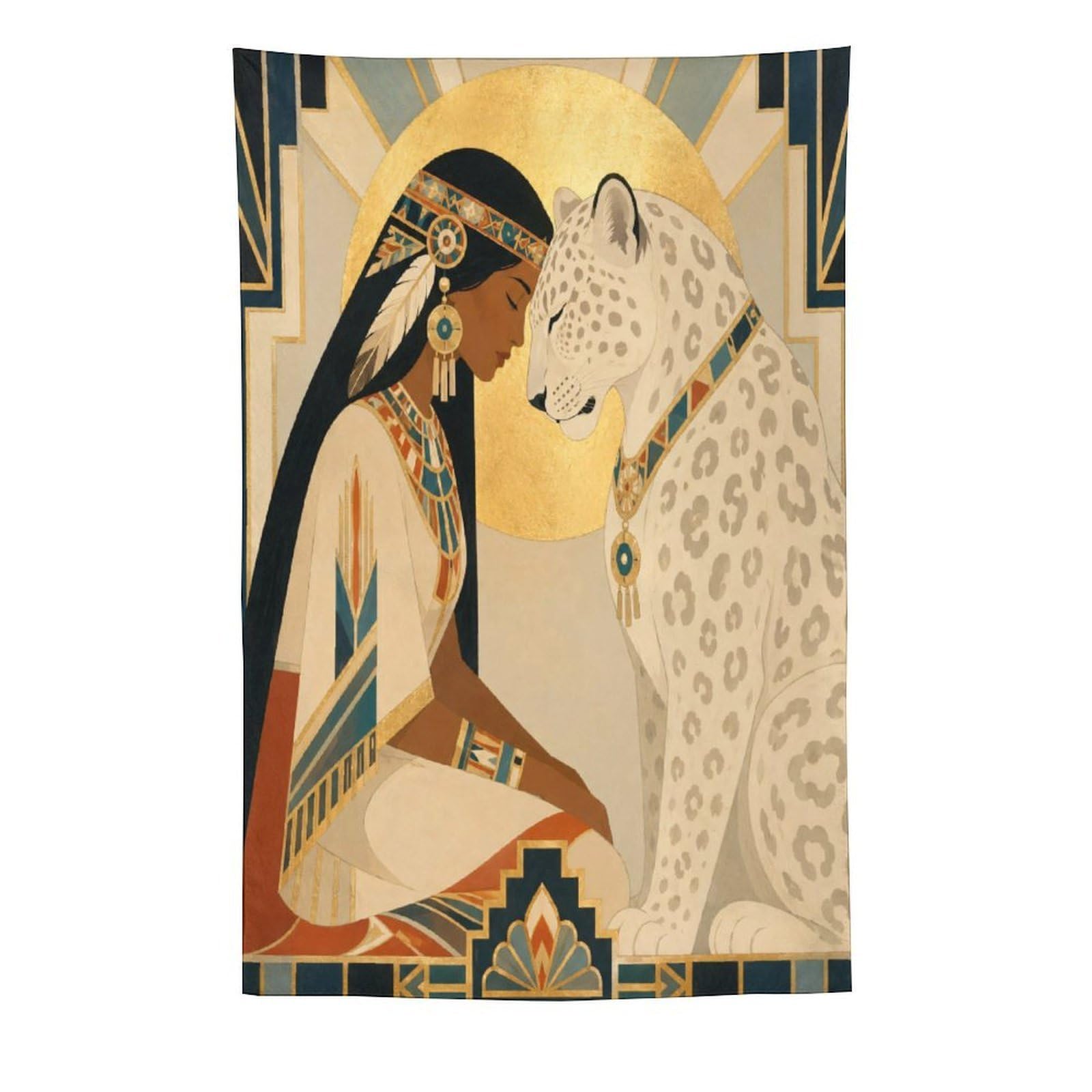 W7C8U2X3 Woman and White Leopard Wall Tapestry, Geometric Art, Sofa Area