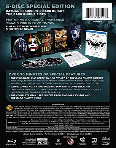 Image of The Dark Knight Trilogy - Limited Edition (Uncut) [Blu-ray + Digital HD + UltraViolet] (2005-2012) | 3 Movies | 6 Discs | Imported from USA | Warner Bros. | 456 min | Region Free | Action Adventure Drama | Featuring 5 Original Frameable Villain Prints From Mondo + A Letter From Director Christopher Nolan | Director: Christopher Nolan
