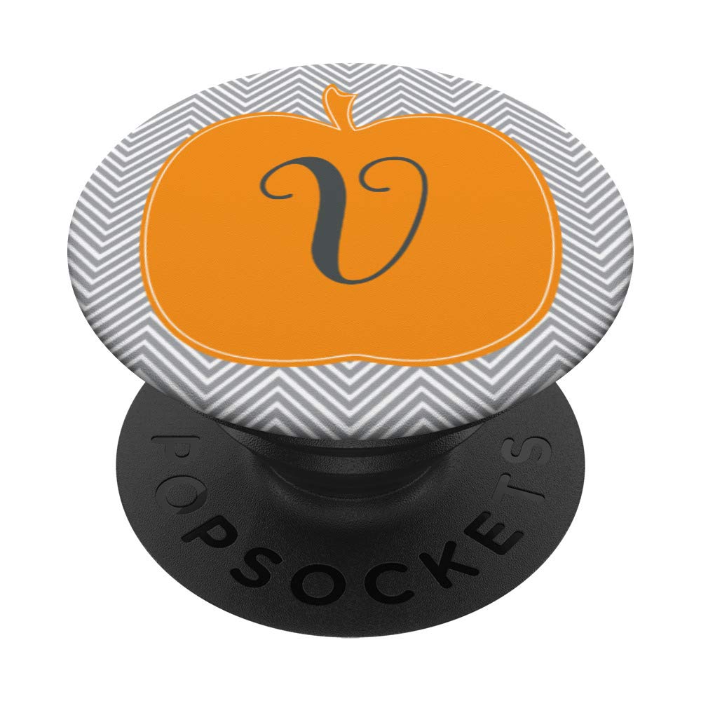 Monogram Initial Letter V Cute Pumpkin Chevron Halloween PopSockets Grip and Stand for Phones and Tablets