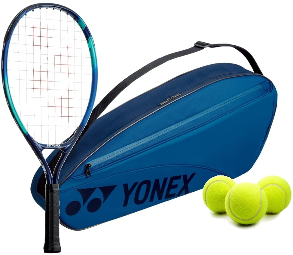 Yonex EZone Sky Blue 21 Inch Junior Tennis Racquet Bundled with a Sky Blue Team 3-Racquet Tennis Bag and a Can of 3 Tennis Balls