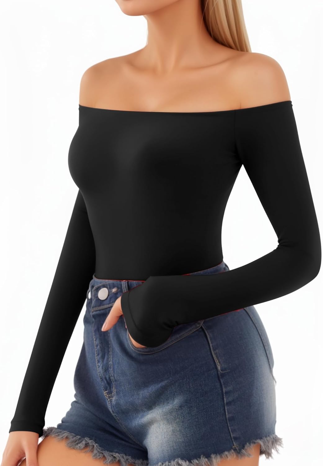 MANGOPOP Off The Shoulder Tops for Women Sexy Long Sleeve T Shirt Slim Fitted Tee Casual Blouse Going Out Tops - Image 2