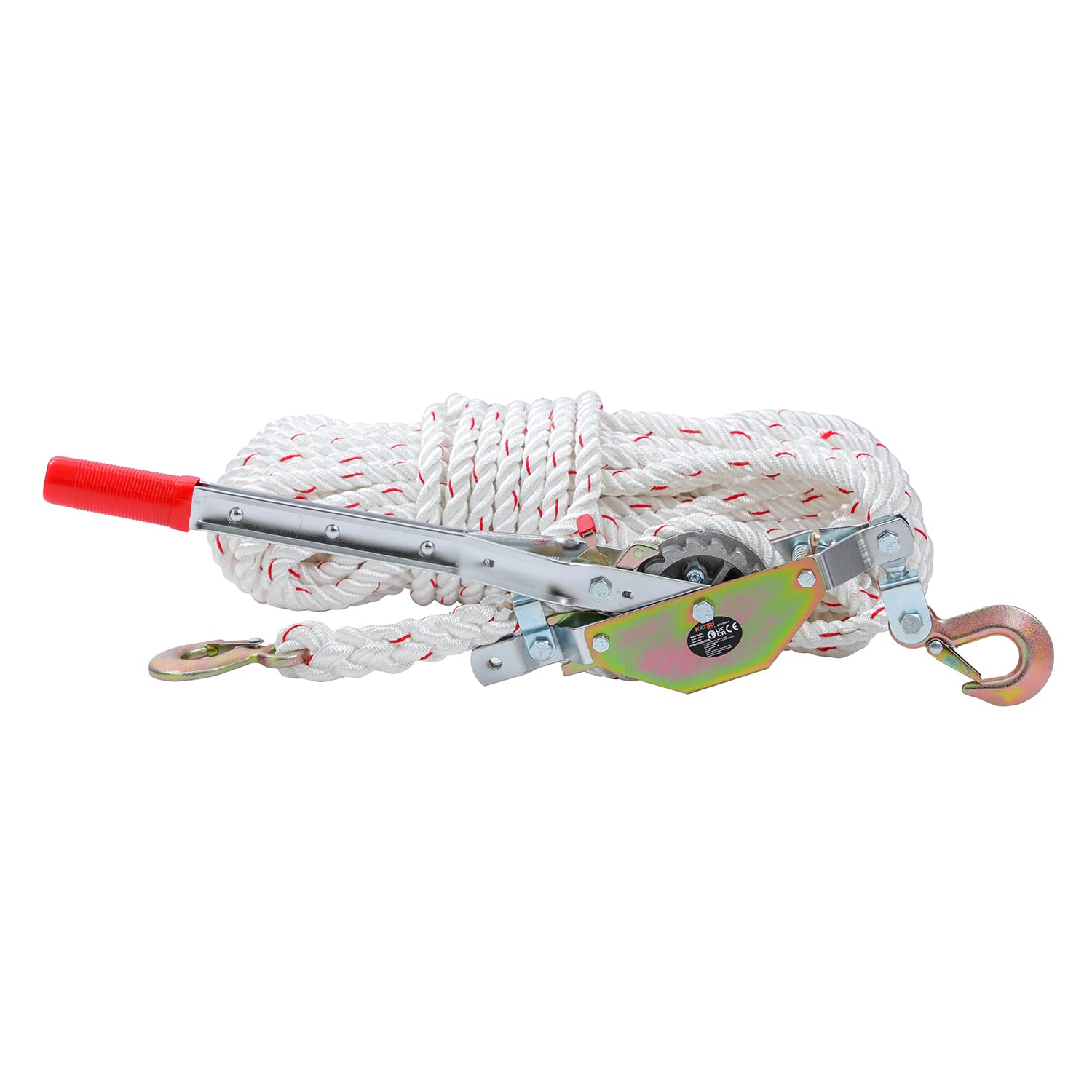 KATSU Tools Tirante a Corda con Cricchetto Pesante, Capacità 3/4 Ton, Corda 30m x 15mm, 2 Ganci in Acciaio, Verricello per Barche, Rimorchi, Tronchi e Abbattimento Alberi