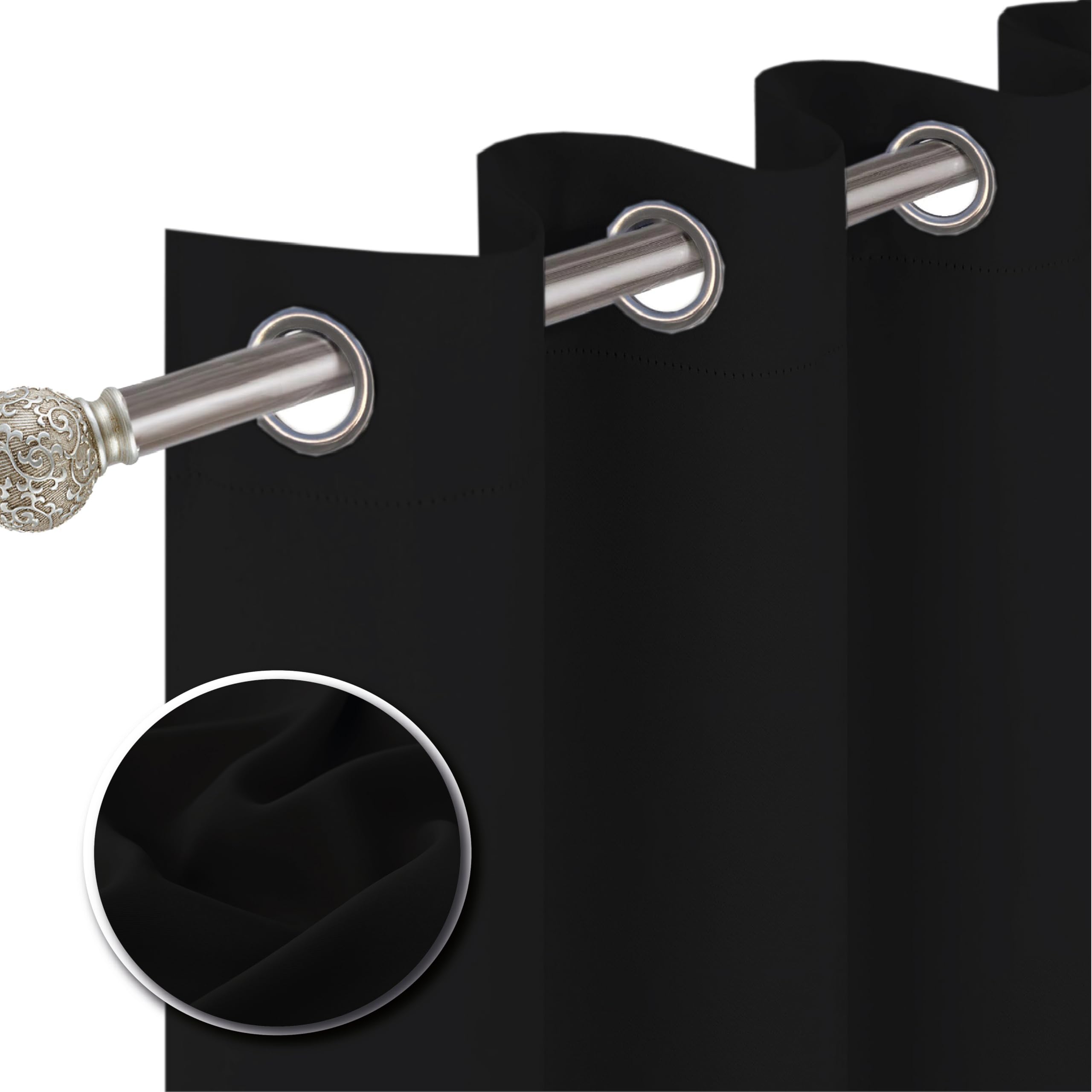 funky gadgets Blackout Curtains for Bedroom 72 Inch Drop Thermal Insulated Eyelet Curtains & Drapes Black Out Curtain for Kitchen Living Room 2 Panels (90x72 Inch Black)