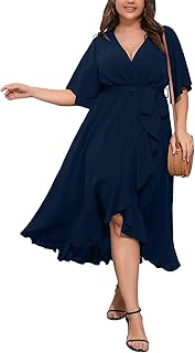 Women Plus Size Maxi Dress Short Sleeve Wrap V Neck High Low Split Ruffle Long Dress - Buy now