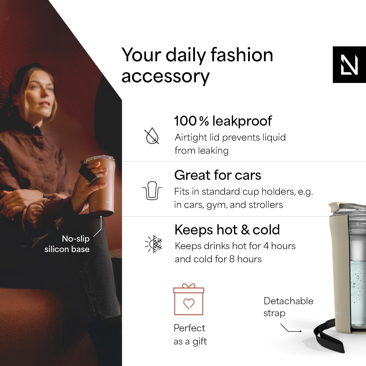 LARS NYSØM Thermo Coffee Mug to go with Strap 17oz | Travel Mug 0.5 Liter with Insulation | Leak Proof Stainless Steel Thermal Tumbler for Coffee and Tea to Go (Almond Beige, 17 oz) - Image 2