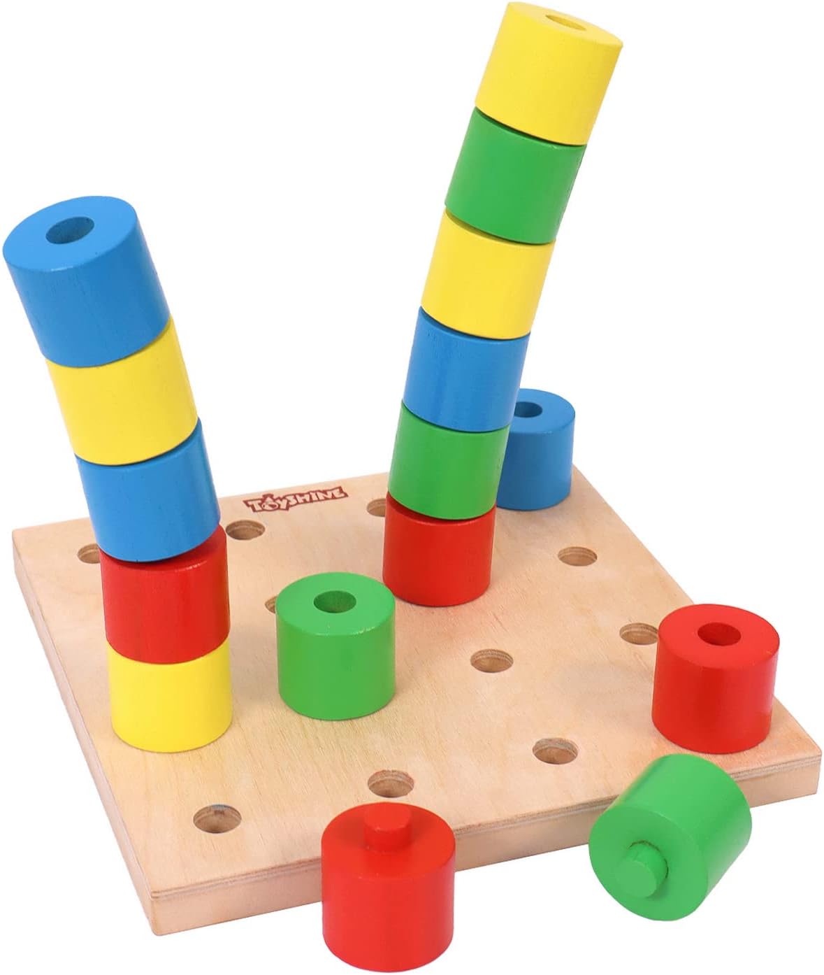 Toyshine Wooden Color Sorting Stacking Rings Board Educational Learning Counting Toys Puzzle Games for 1 Year Old Preschool Kids Children Gift, 16 Pcs