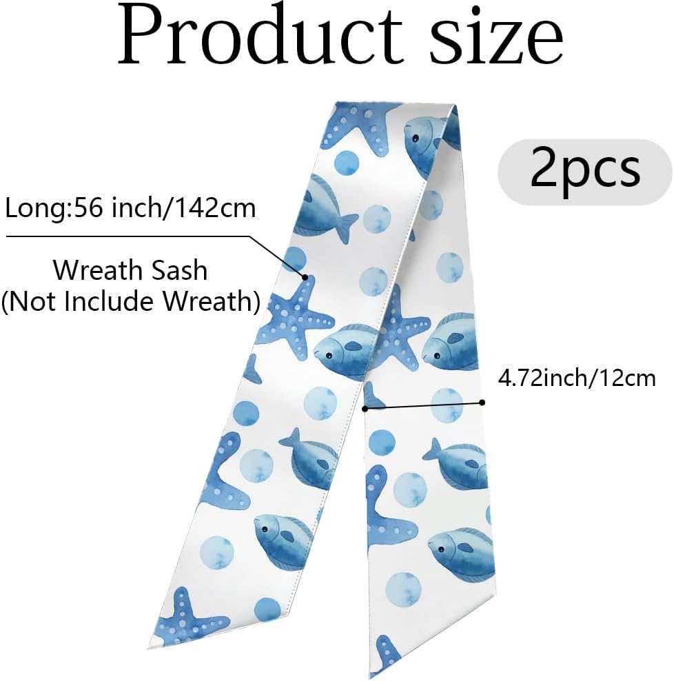 2Pcs Summer Door Wreath Sash 56 x 4.7 Inch Wreath Ribbons for Front Door Starfish Sea Animal Pattern Polyester Satin Sash Bow for Yard Doorway Indoor Outdoor Home Party Wedding Decoration